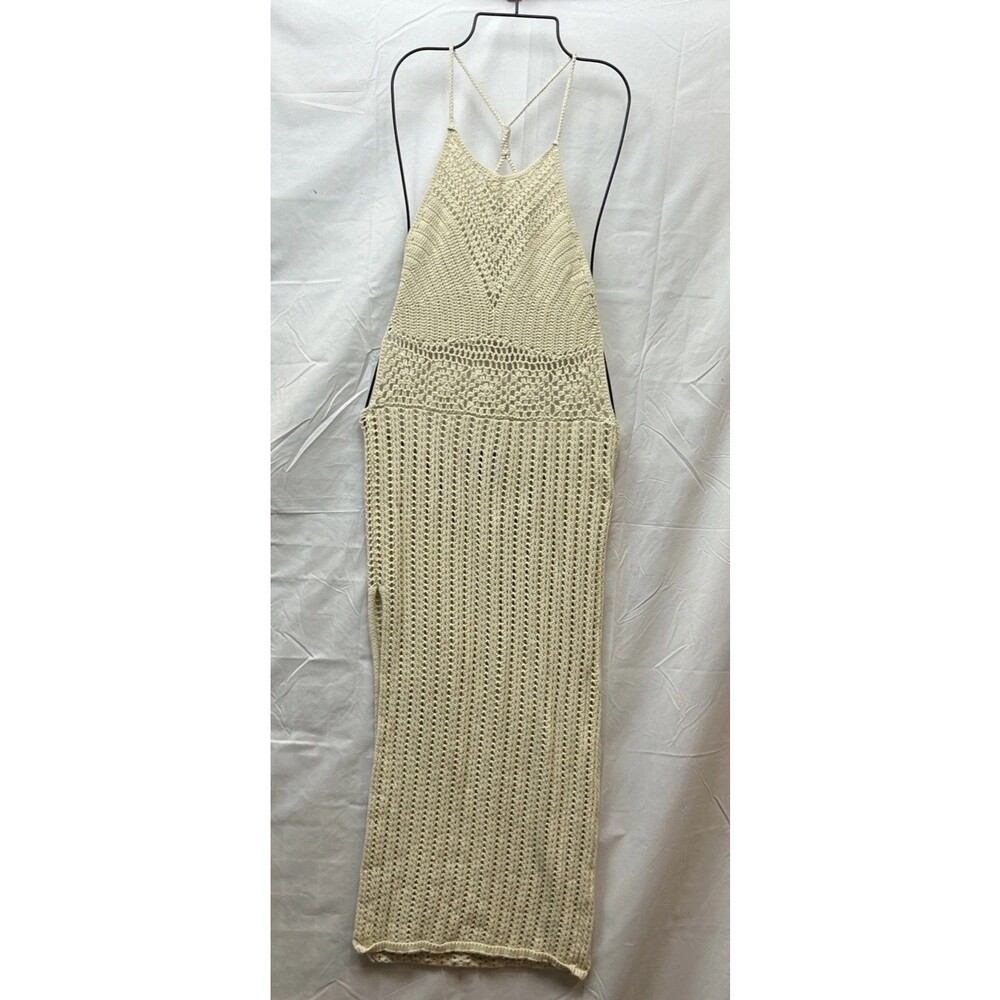 Forever 21 Crochet Maxi Dress L Ivory Open Knit Backless Tie Boho Festival